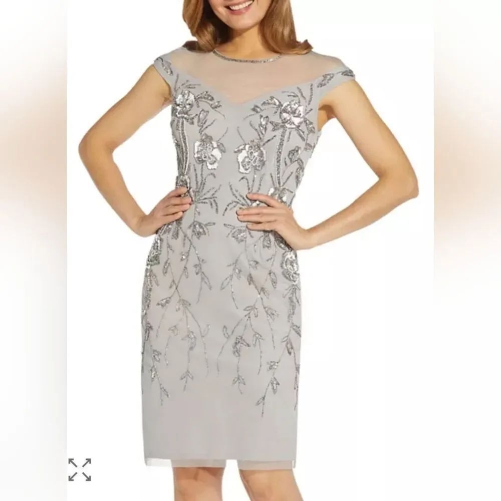 Adrianna Papell Embellished Cap Sleeve Sheath Dress NWT Size 10 Silver
